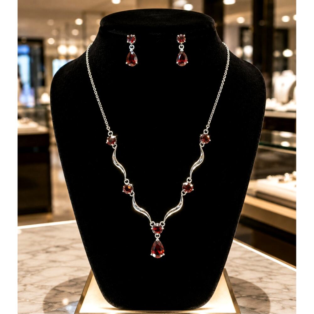 Red Garnet Color Necklace & Matching Drop Earrings Set Silver Tone 18"